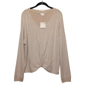 SO Cozy Tan Canvas Brown Long Sleeve Front Twist Stretchy Knit Top XXL NWT J